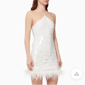 De La Vali - White Cadillac Feather Trim Sequined Mini Dress (NWT) EU16 (US12)